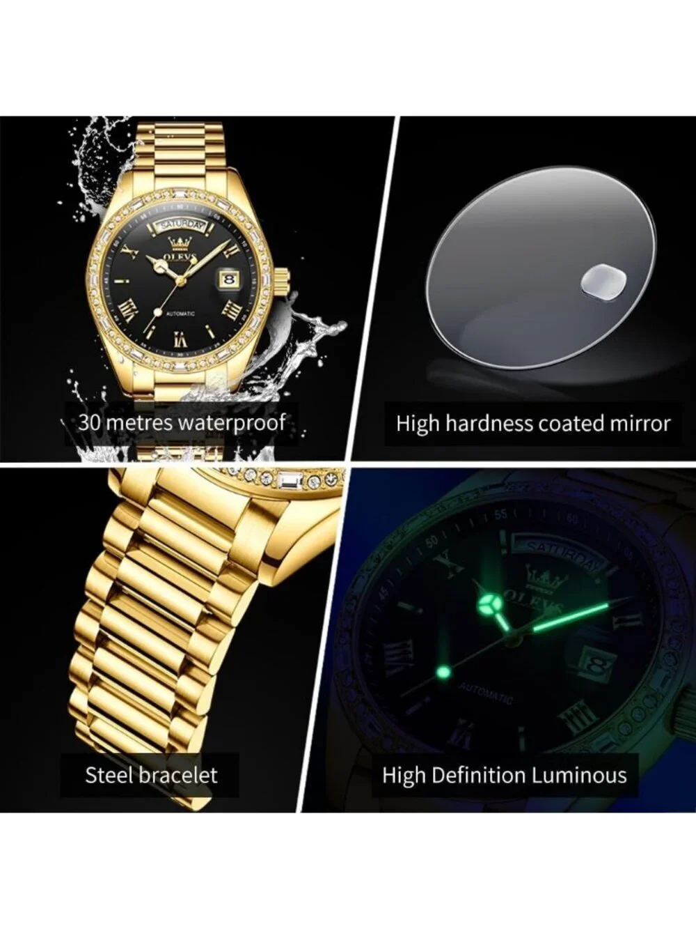 Men's Gold band & Black dial Leather Strap Classic Adjustable Dress Wrist Watch